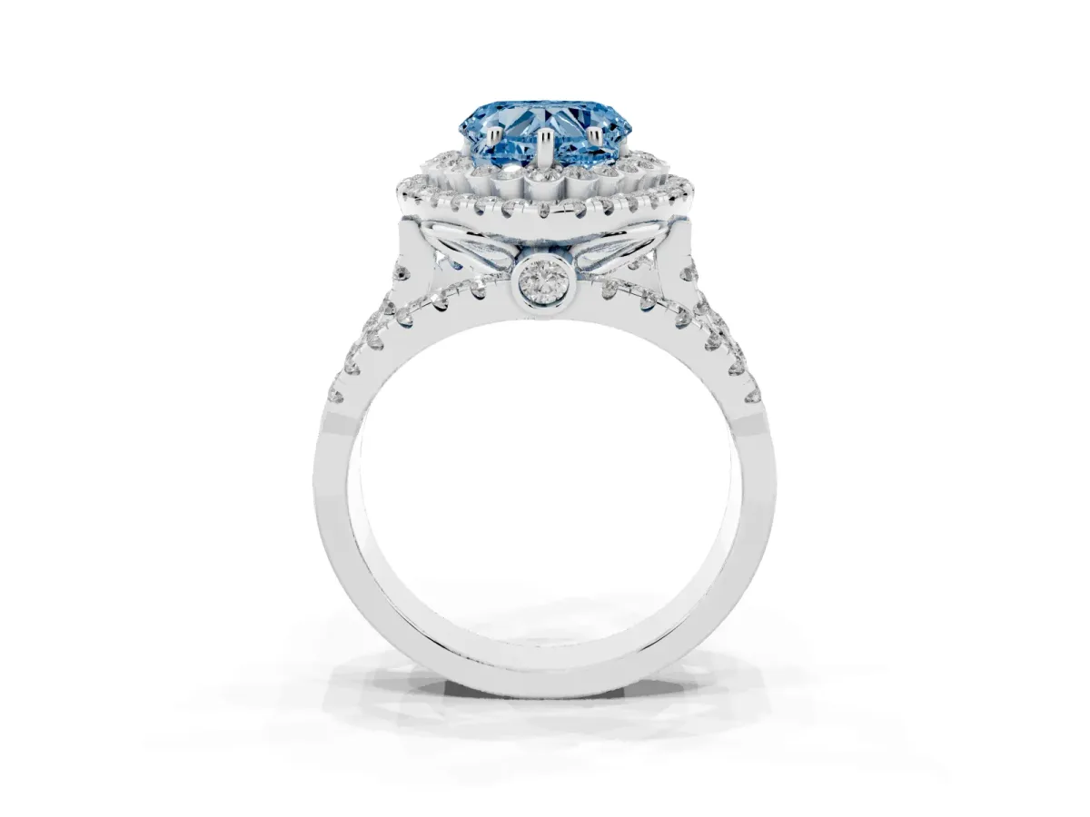 Fancy Blue Heart Cut Diamond Double Halo Ring with Round Pavé Split Shank and Prong Setting Silver
