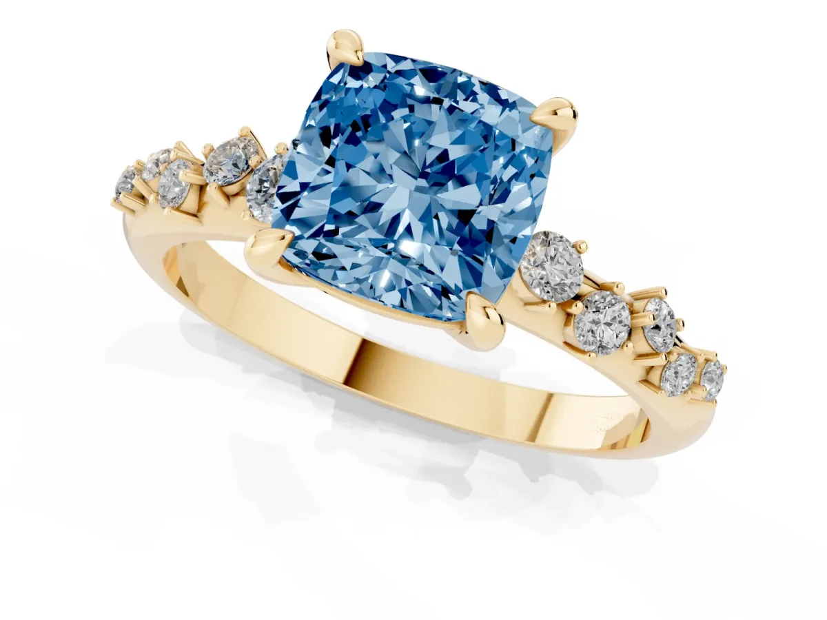 Fancy Blue Cushion Cut Cut Diamond Vine Band with Four-Prong Setting Yellow gold