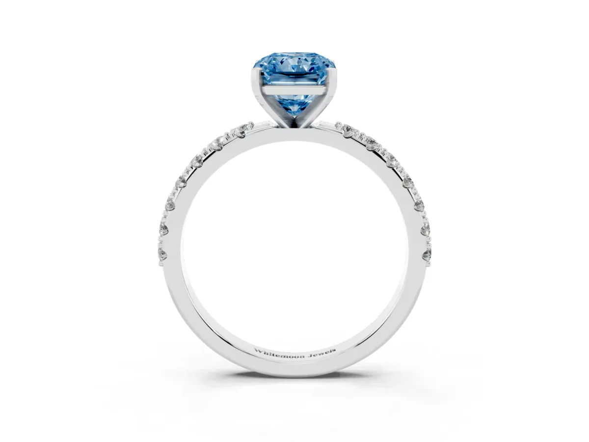 Fancy Blue Radiant Cut Diamond Solitaire Pavé Band with Four-Prong Setting Silver