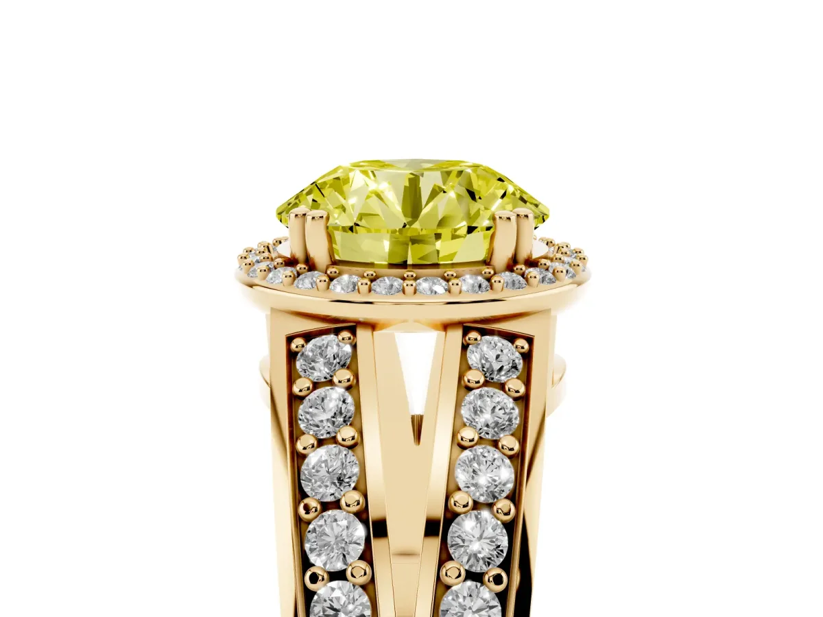 Fancy Yellow Round Cut Diamond Halo Ring with Split Shank Pavé Band and Four-Prong Setting Yellow gold