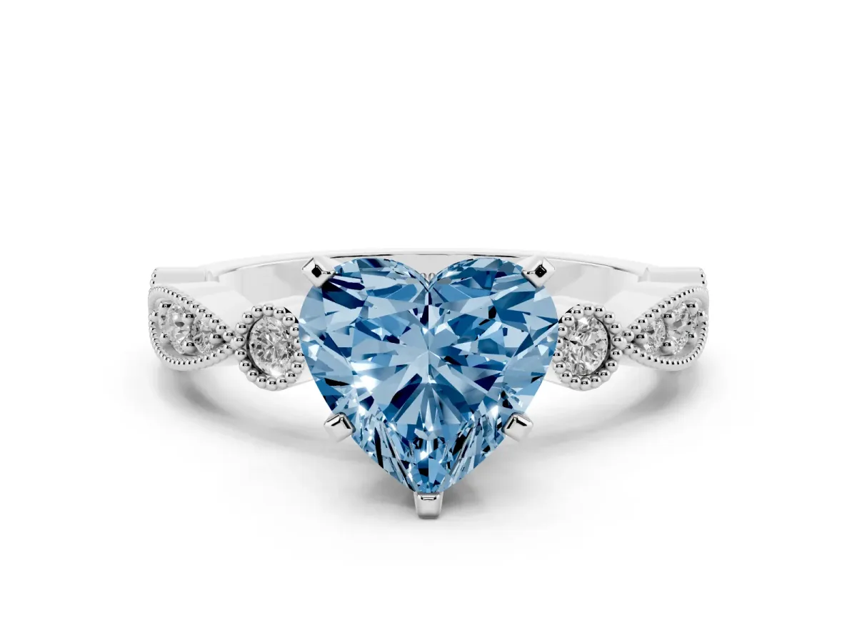 Fancy Blue Heart Cut Milgrain Bezel Diamond Engagement Ring with Solitaire Prong Setting Silver