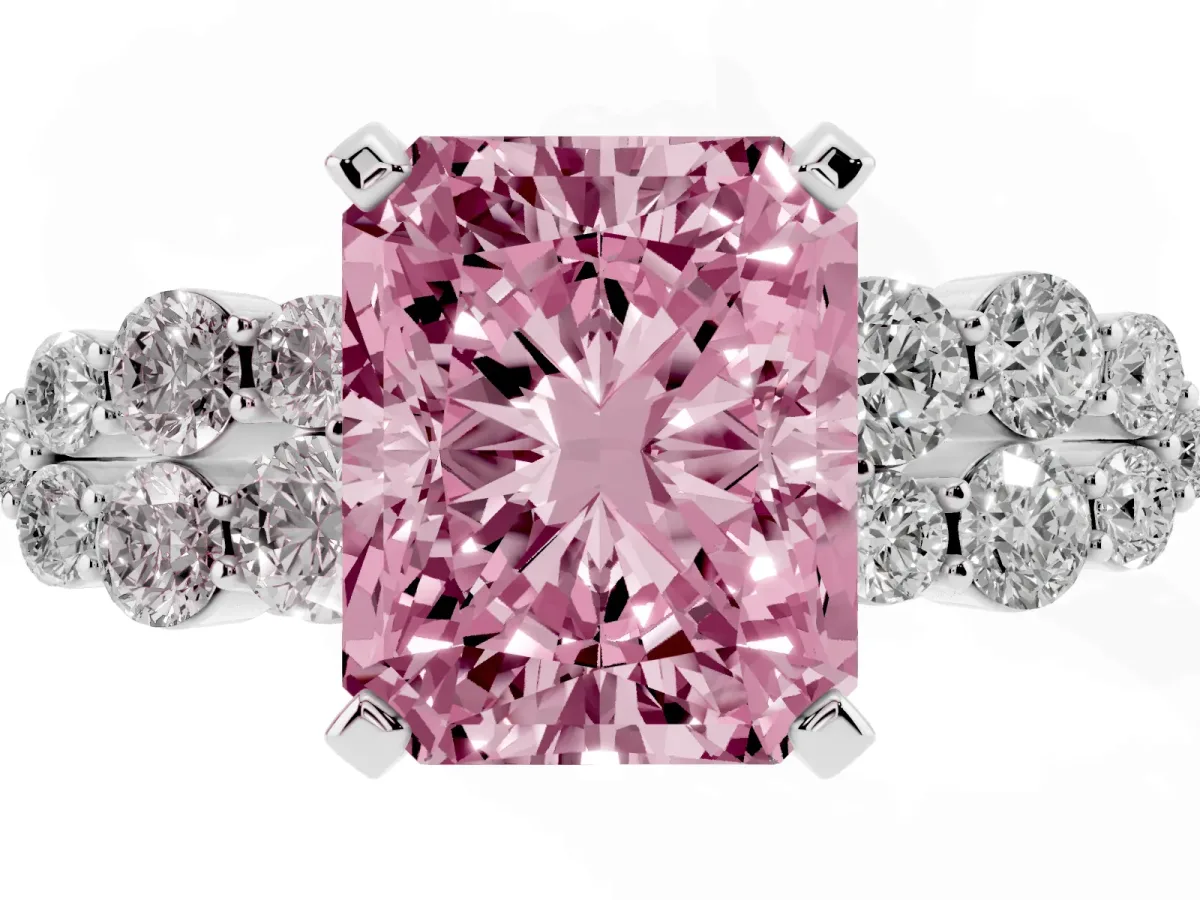 Fancy Pink Radiant Cut Cluster Diamond Engagement Ring with Pavé Band and Four-Prong Setting Silver