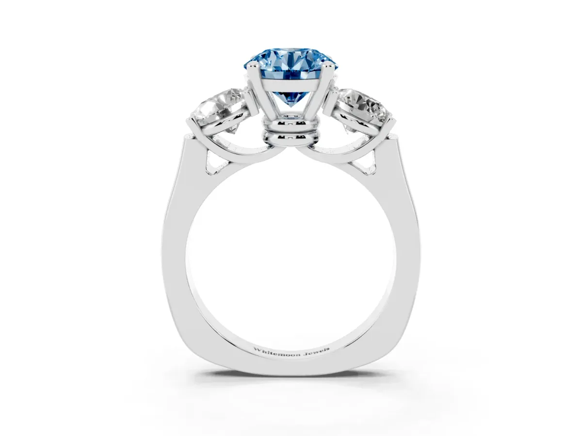 Fancy Blue Three-Stone Round Cut Brilliant Diamond Trellis Ring with Comfort Fit Band Platinum