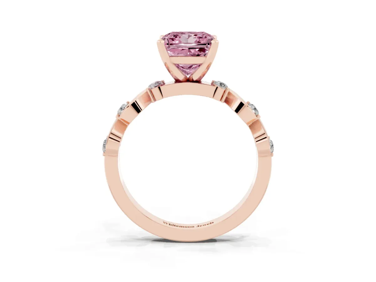 Fancy Pink Princess Cut Diamond Solitaire Twisted Band with Round Accents and Prong Setting Rose gold