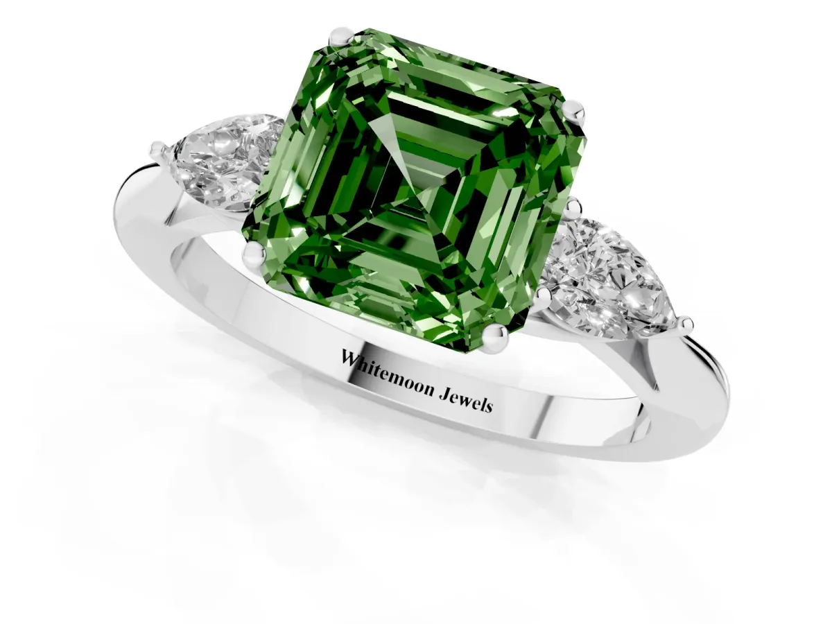 Fancy Green Asscher Cut Diamond Three-Stone Ring with Pear Side Stones and Prong Setting Silver