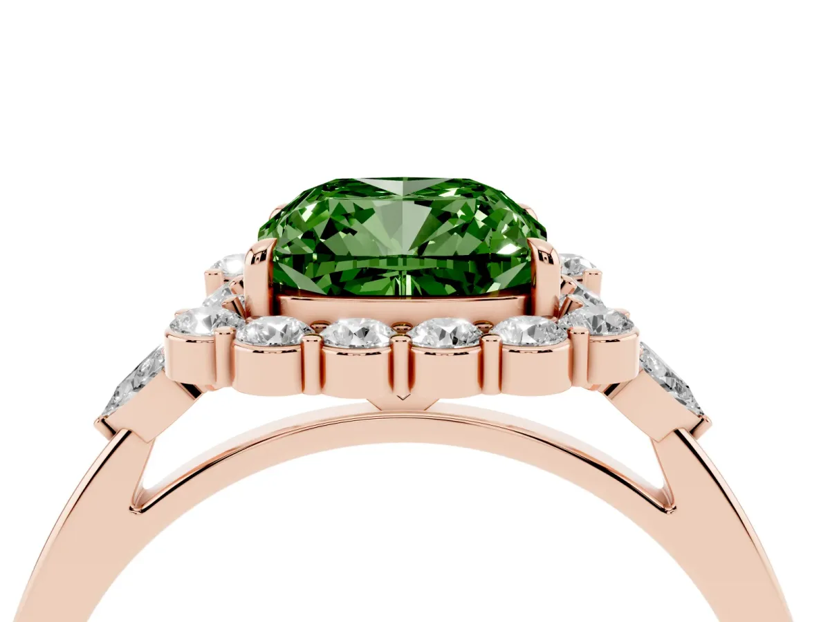 Fancy Green Cushion Cut Diamond Halo Ring with Pear Side Stones and Prong Setting Rose gold
