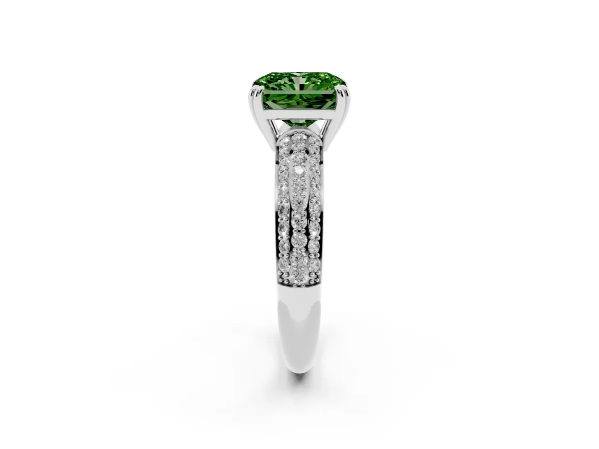 Fancy Green Radiant Cut Diamond Solitaire Ring with Multi-Row Round Pavé Band and Prong Setting White gold