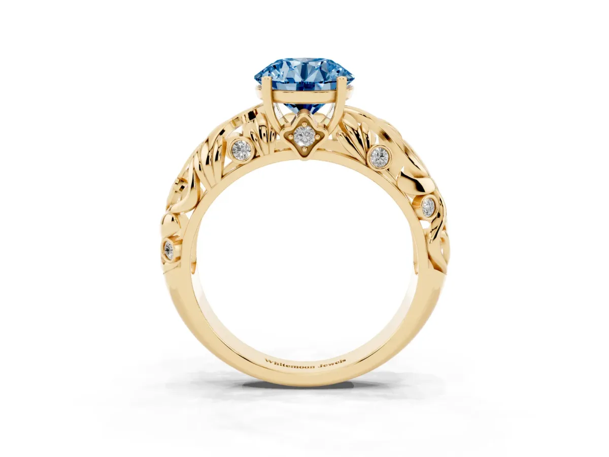 Fancy Blue Round Cut Solitaire Diamond Leaf-Inspired Vine Band Ring with Prong Setting Yellow gold