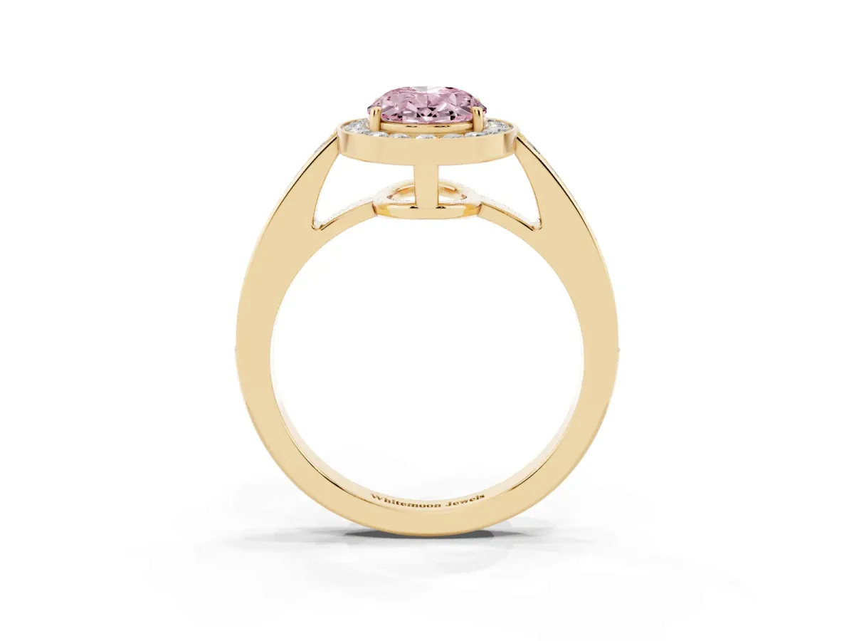 Fancy Pink Oval Cut Halo Pavé Diamond Engagement Ring with Bezel Setting Yellow gold