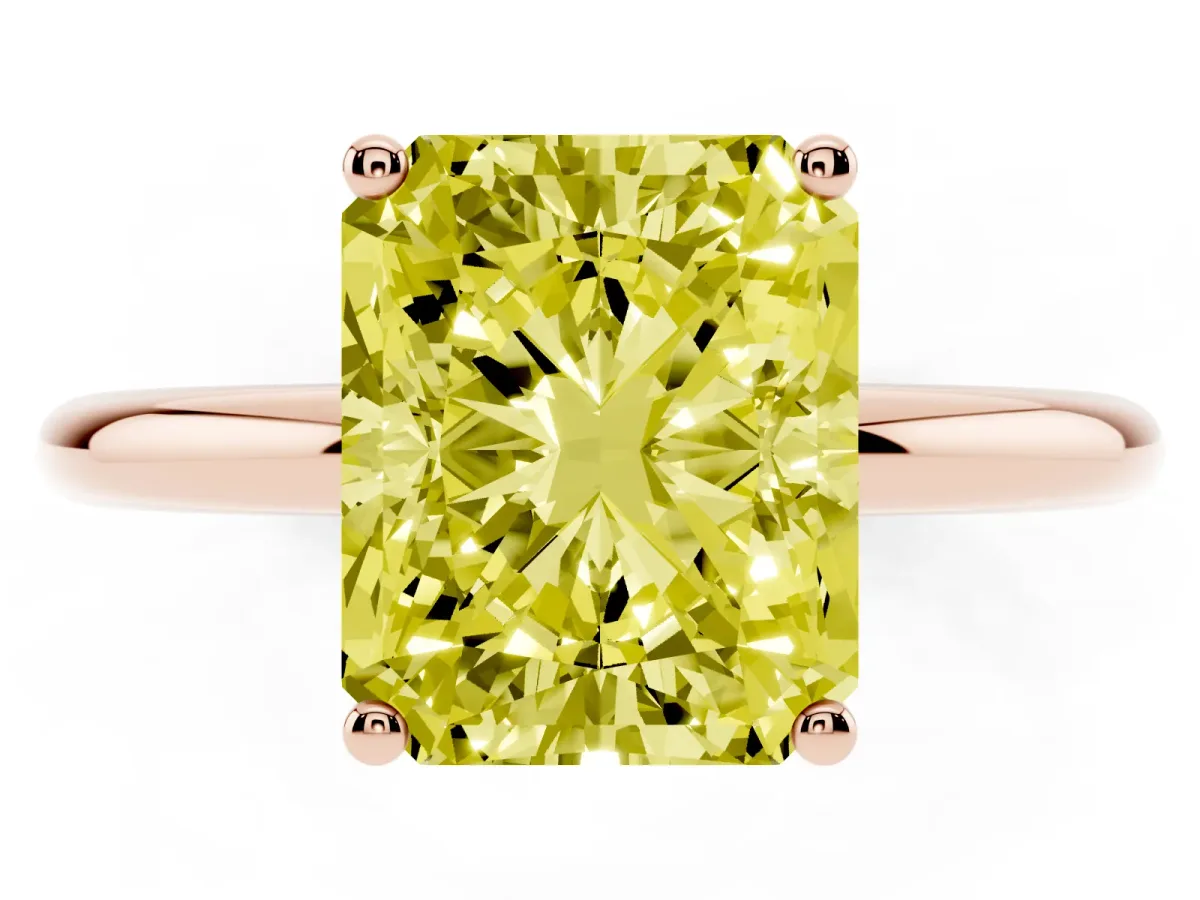 Fancy Yellow Radiant Cut Cut Solitaire Engagement Ring with Four-Prong Setting and Classic Band Rose gold