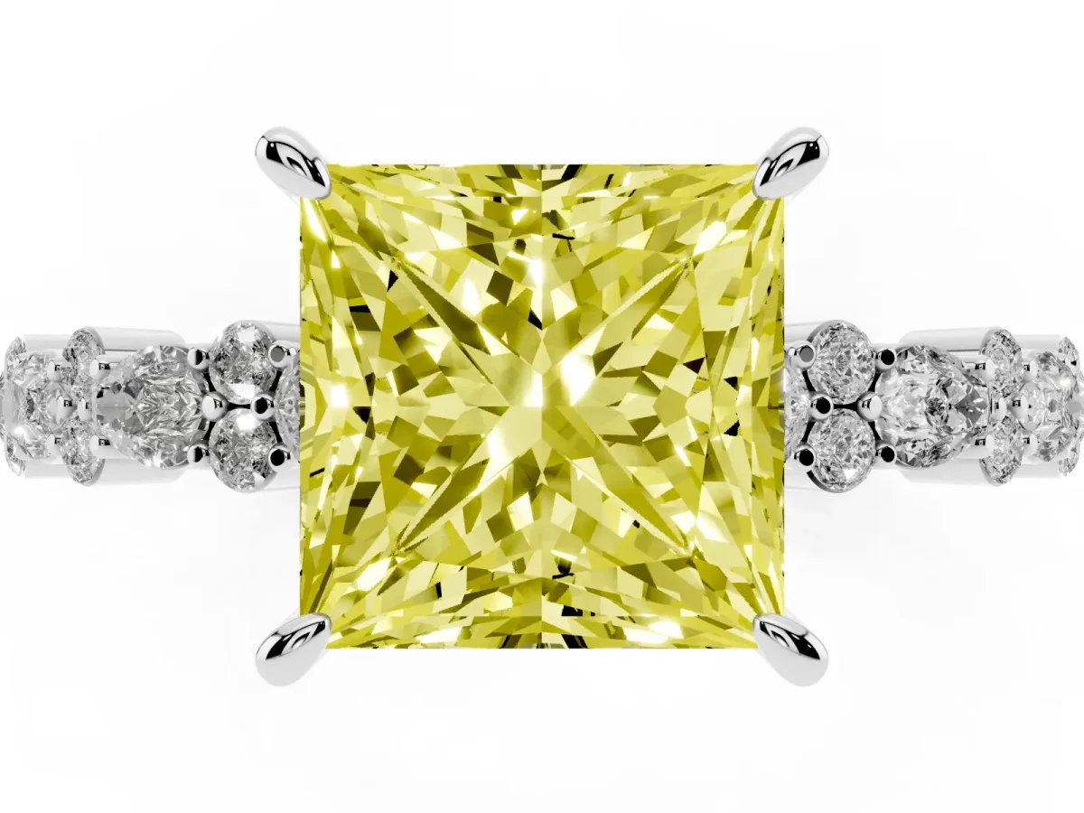 Fancy Yellow Princess Cut Diamond Side Stone Solitaire Ring with Round and Four-Prong Setting Silver