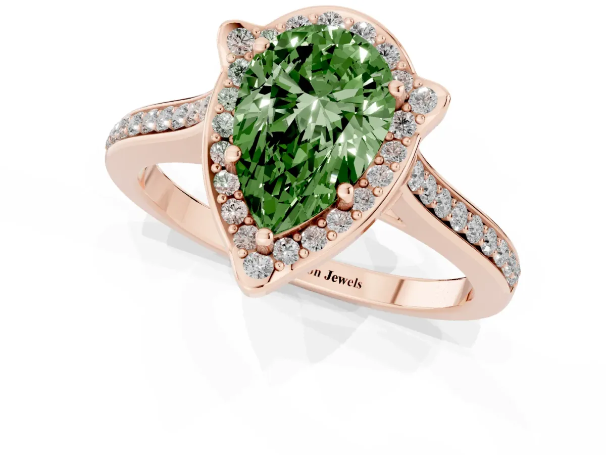Fancy Green Pear Cut Halo Round Diamond Pave Band with Four-Prong Setting Rose gold