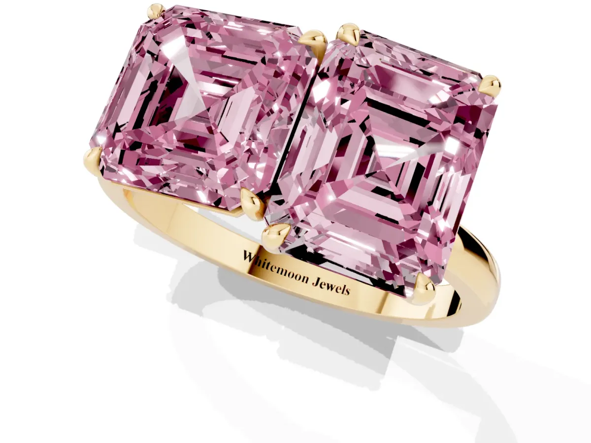 Fancy Pink Asscher Cut and Emerald Cut Toi Moi Ring with Prong Setting Yellow gold