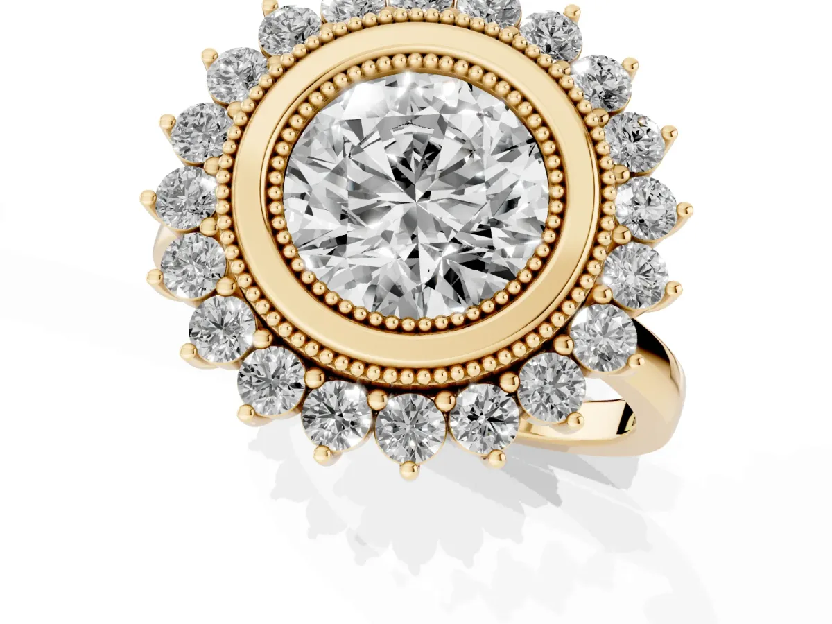 Round Cut Halo Diamond Ring with Milgrain Edge and Round Prong Setting Yellow gold