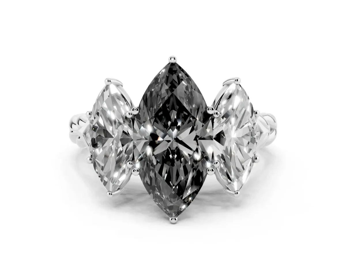 Fancy Black Three-Stone Marquise Cut Diamond Braided Band Ring with Four-Prong Setting Platinum