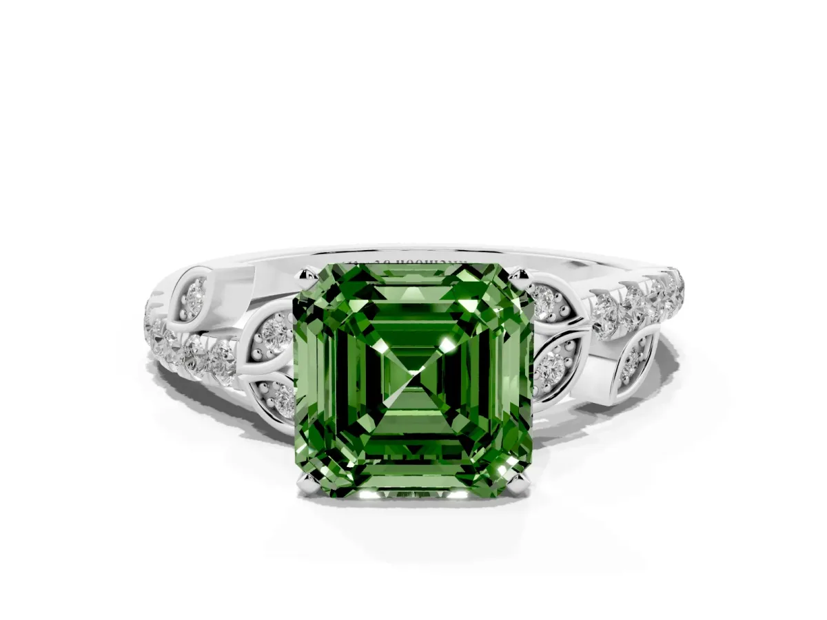 Fancy Green Asscher Cut Solitaire Leaf-Inspired Diamond Ring with Pavé Band and Four-Prong Setting Silver