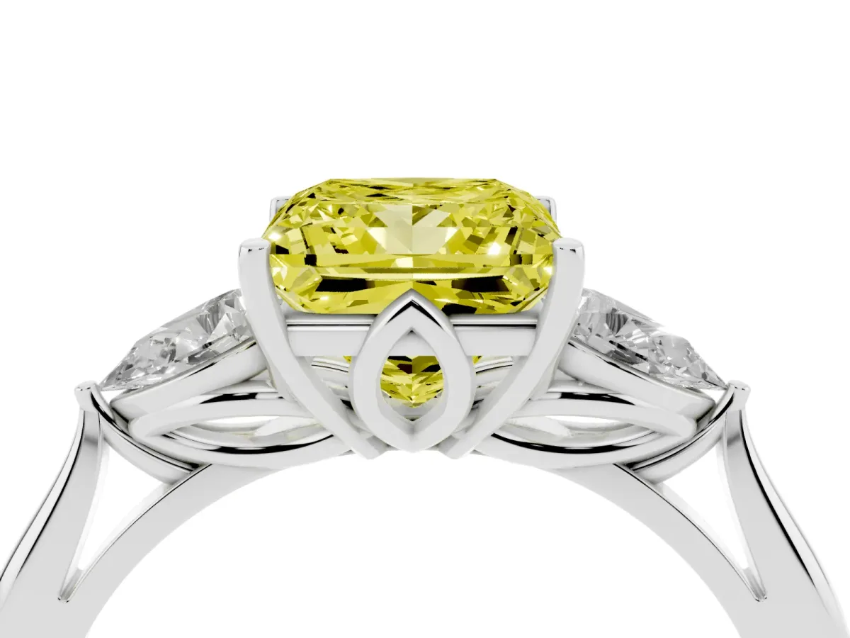 Fancy Yellow Three-Stone Princess Cut Brilliant Diamond Solitaire Ring with Tapered Band and Four-Prong Setting White gold