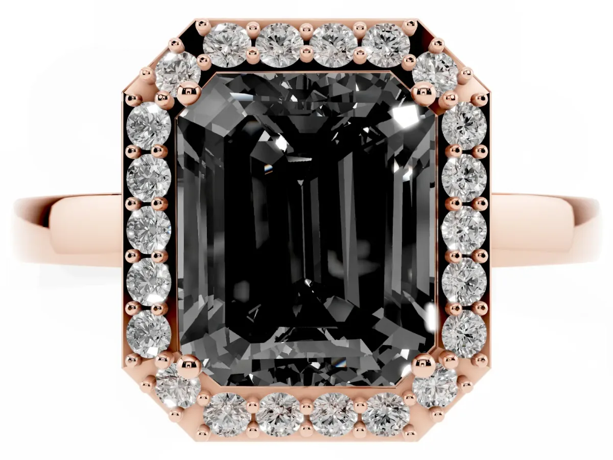 Fancy Black Radiant Cut Halo Diamond Ring with Solitaire Band and Prong Setting Rose gold