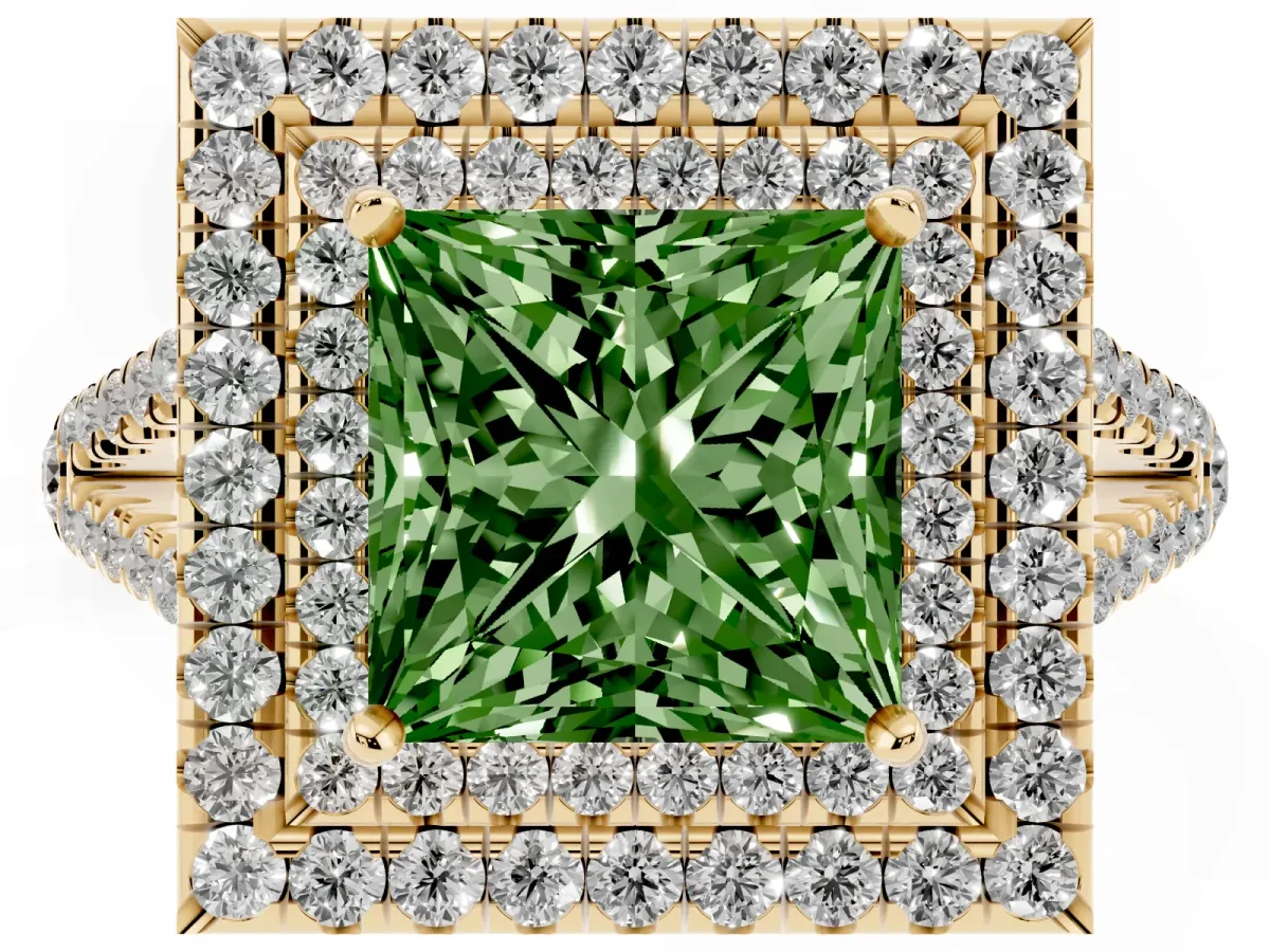 Fancy Green Princess Cut Diamond Double Halo Ring with Pavé Band and Prong Setting Yellow gold