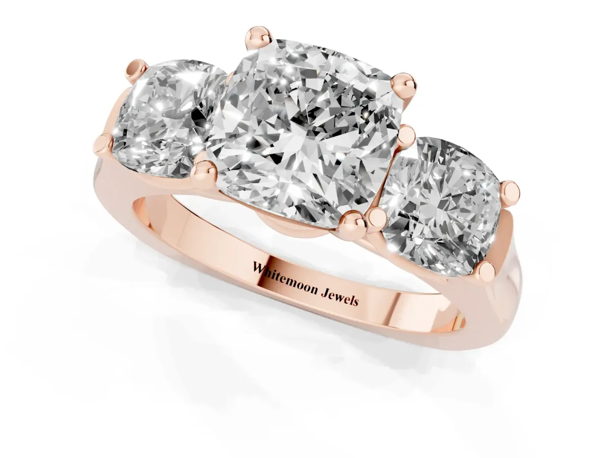 Three-Stone Cushion Cut Brilliant Diamond Trellis Ring with Comfort Fit Band Rose gold