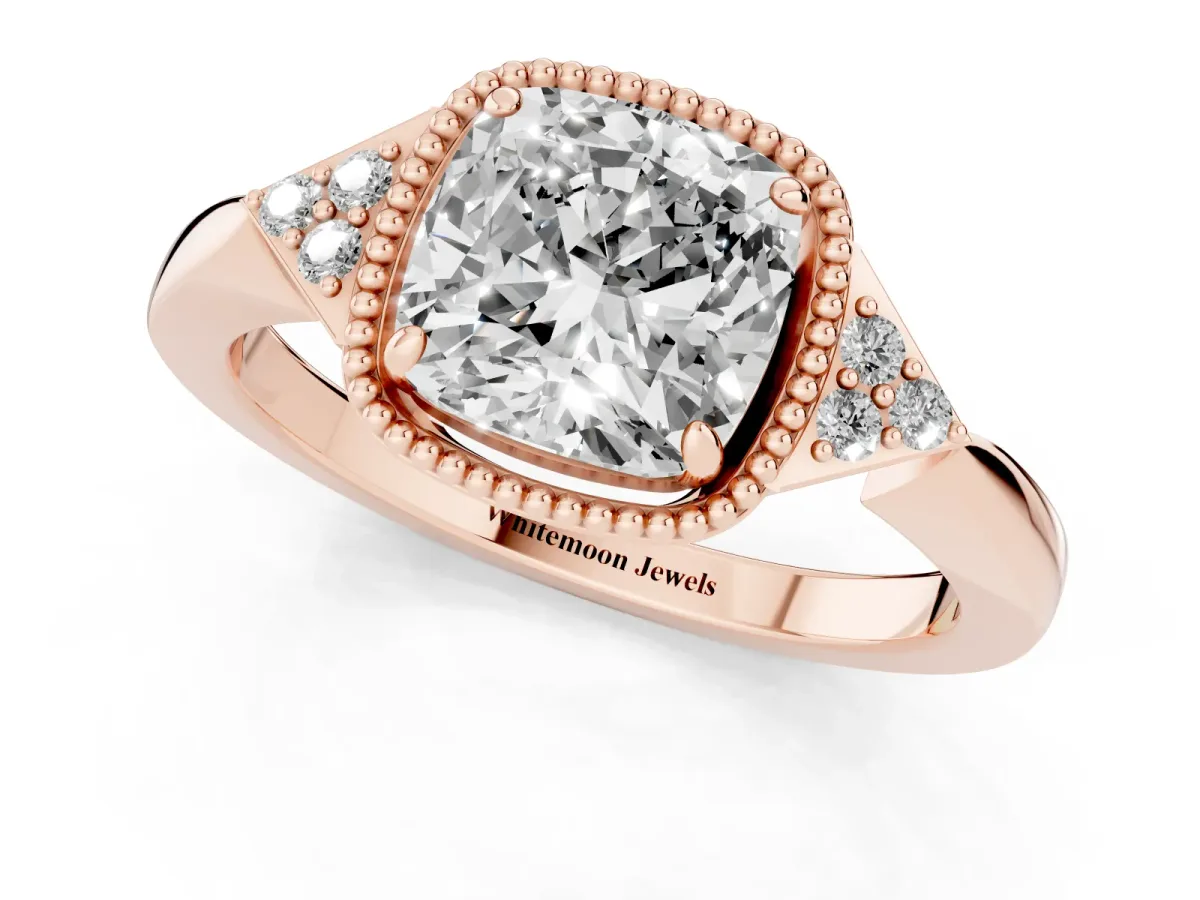 Cushion Cut Diamond Halo Ring with Tapered Band and Four-Prong Setting Rose gold