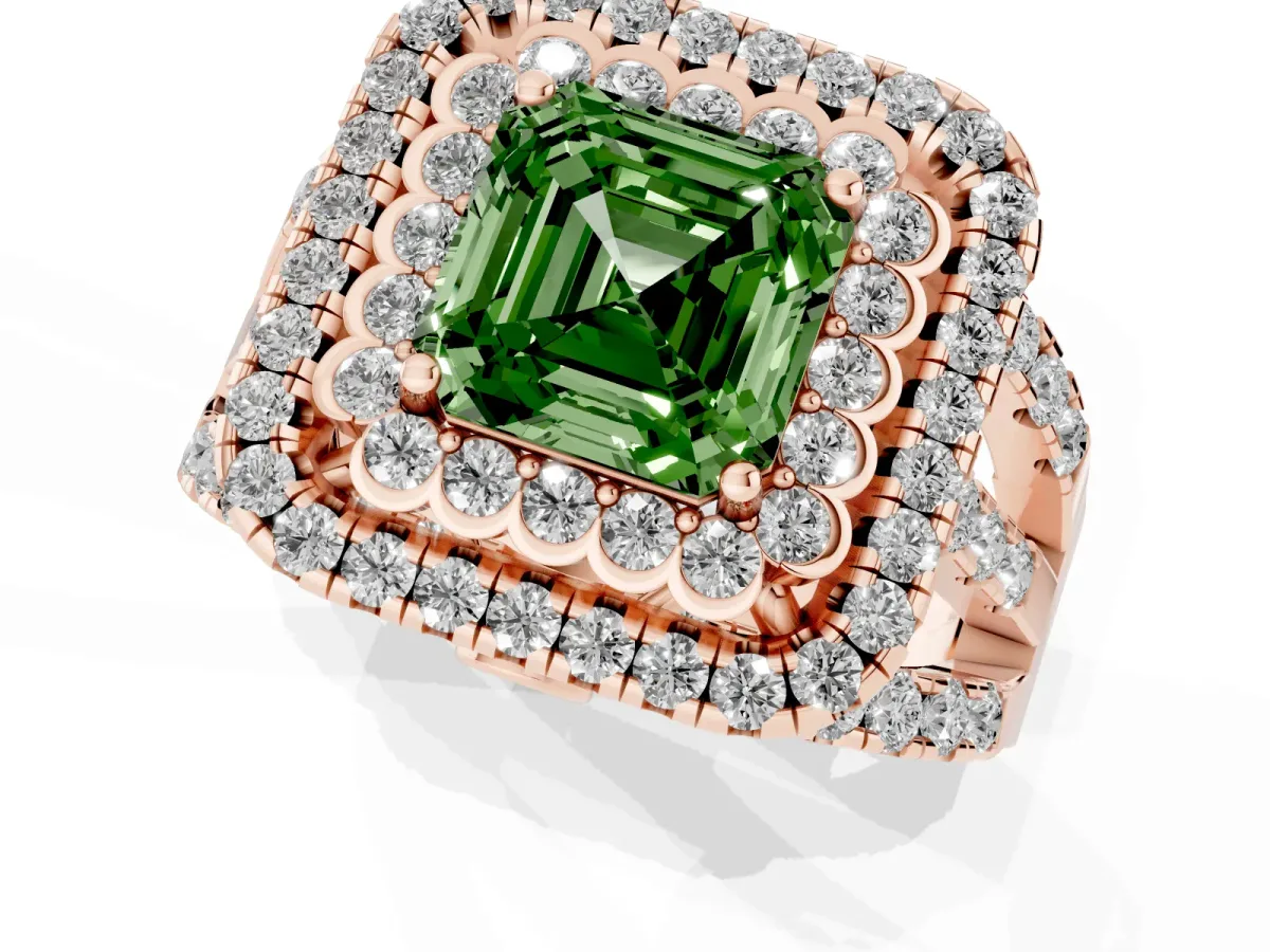 Fancy Green Asscher Cut Diamond Double Halo Ring with Round Pavé Split Shank and Prong Setting Rose gold