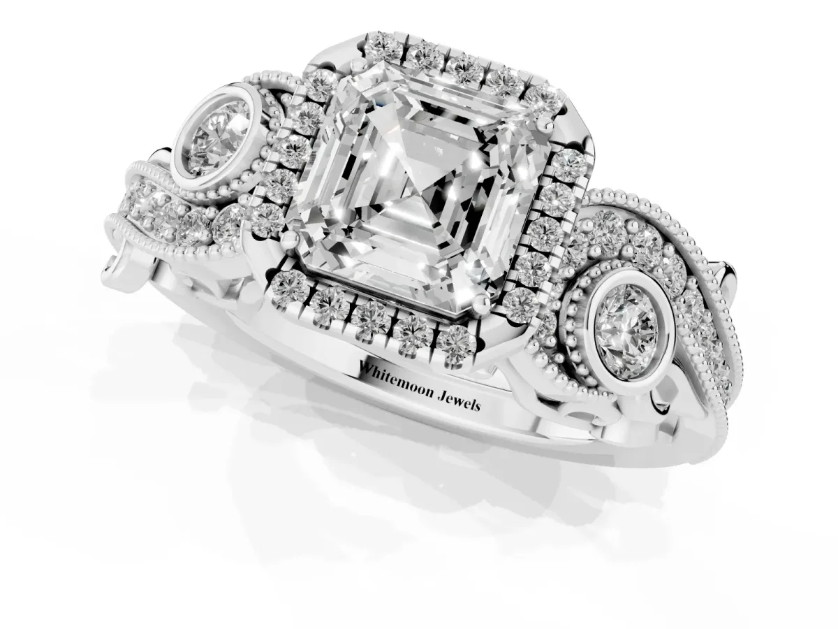 Asscher Cut Diamond Halo Ring with Milgrain Pavé Band and Four-Prong Setting Platinum