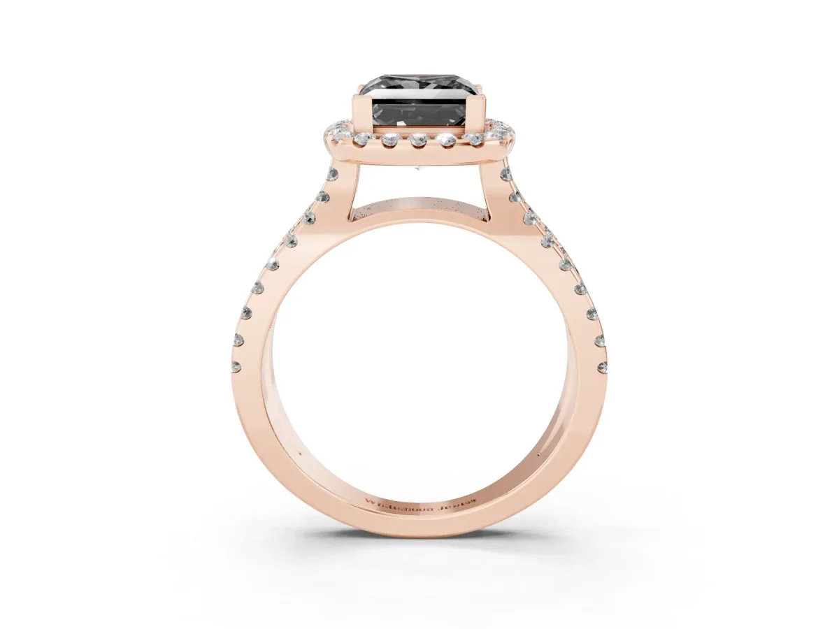 Fancy Black Princess Cut Diamond Halo Ring with Split Shank Pavé Band and Prong Setting Rose gold