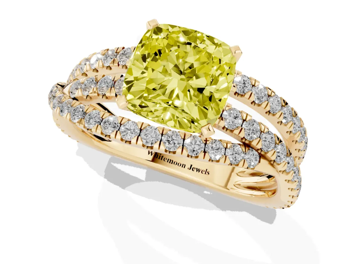 Fancy Yellow Cushion Cut Solitaire Twist Band with Pavé Setting and Four-Prong Setting Yellow gold
