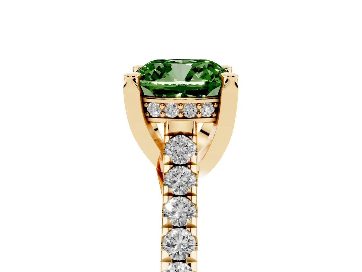 Fancy Green Cushion Cut Brilliant Diamond Solitaire with Pavé Band and Four-Prong Setting Yellow gold