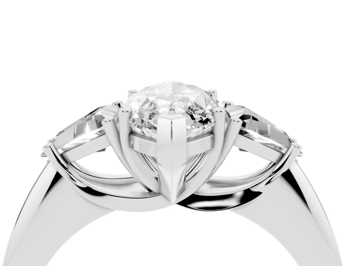 Three-Stone Marquise Cut Diamond Engagement Ring with Trillion Side Stones and Prong Setting Silver