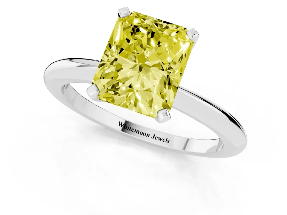Fancy Yellow Radiant Cut Diamond Solitaire Ring with Prong Setting and Classic Band Silver