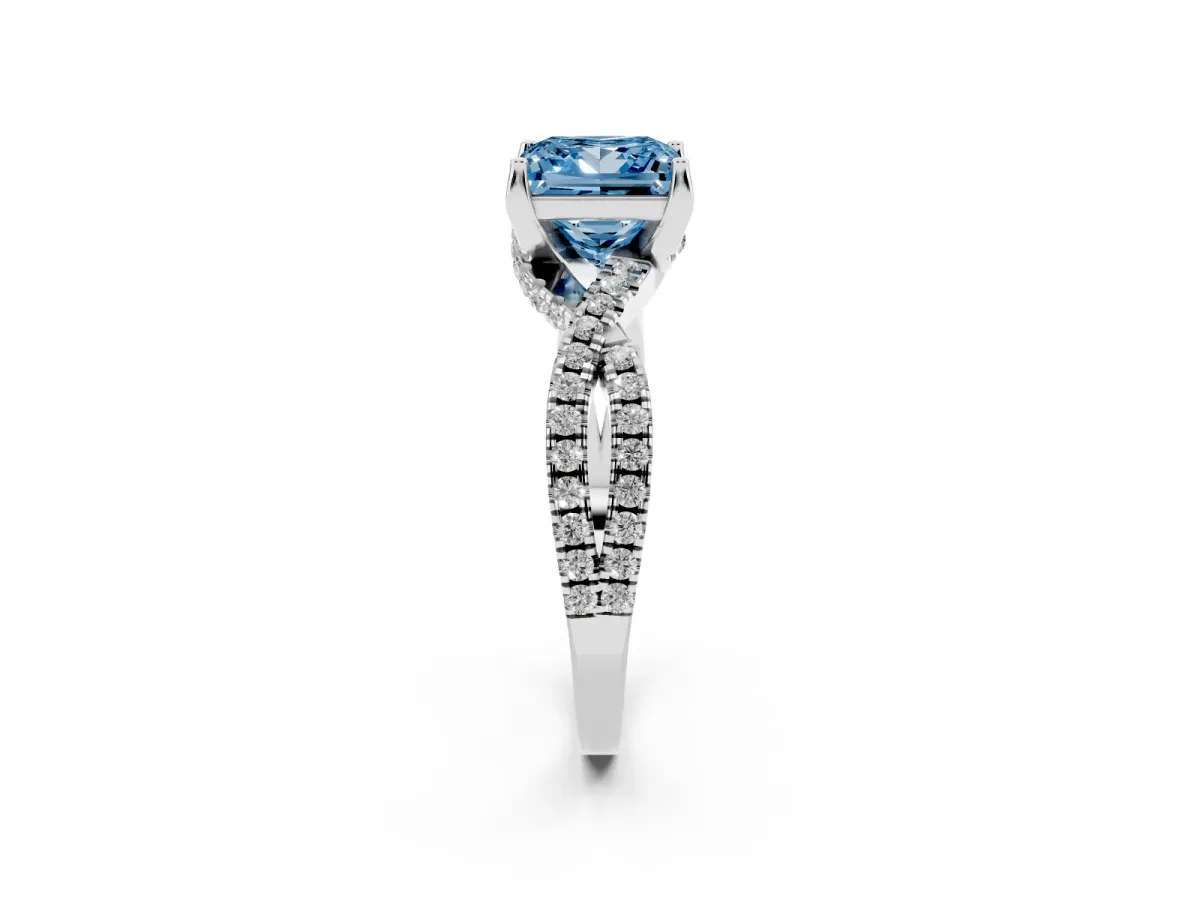 Fancy Blue Princess Cut Solitaire Twist Pave Diamond Engagement Ring with Prong Setting Silver