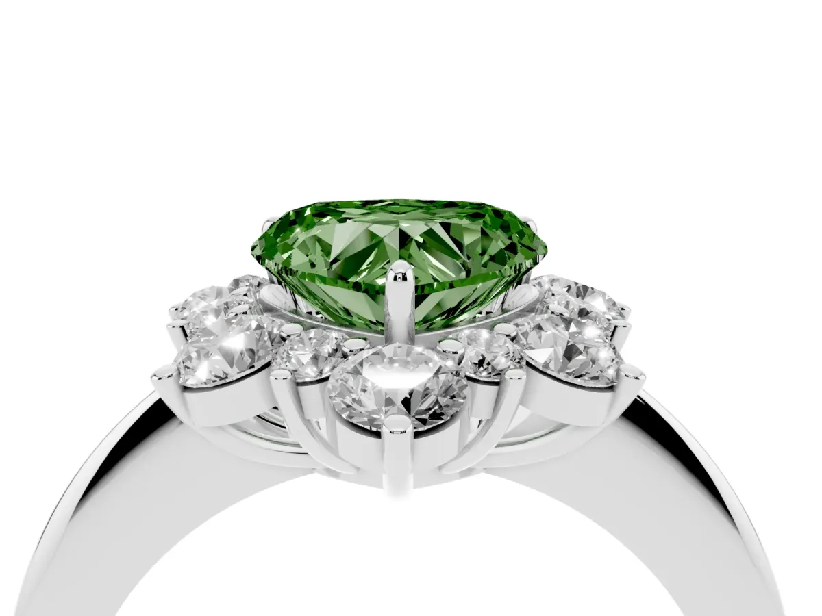Fancy Green Heart Cut Diamond Cluster Halo Ring with Solitaire Band and Four-Prong Setting Platinum