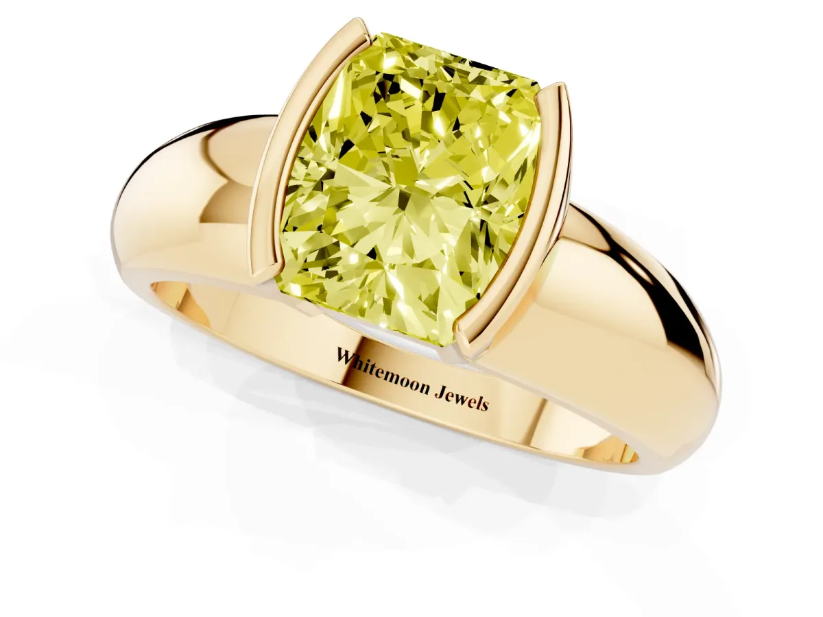 Fancy Yellow Radiant Cut Solitaire Tension Set Diamond Ring with Wide Band Yellow gold