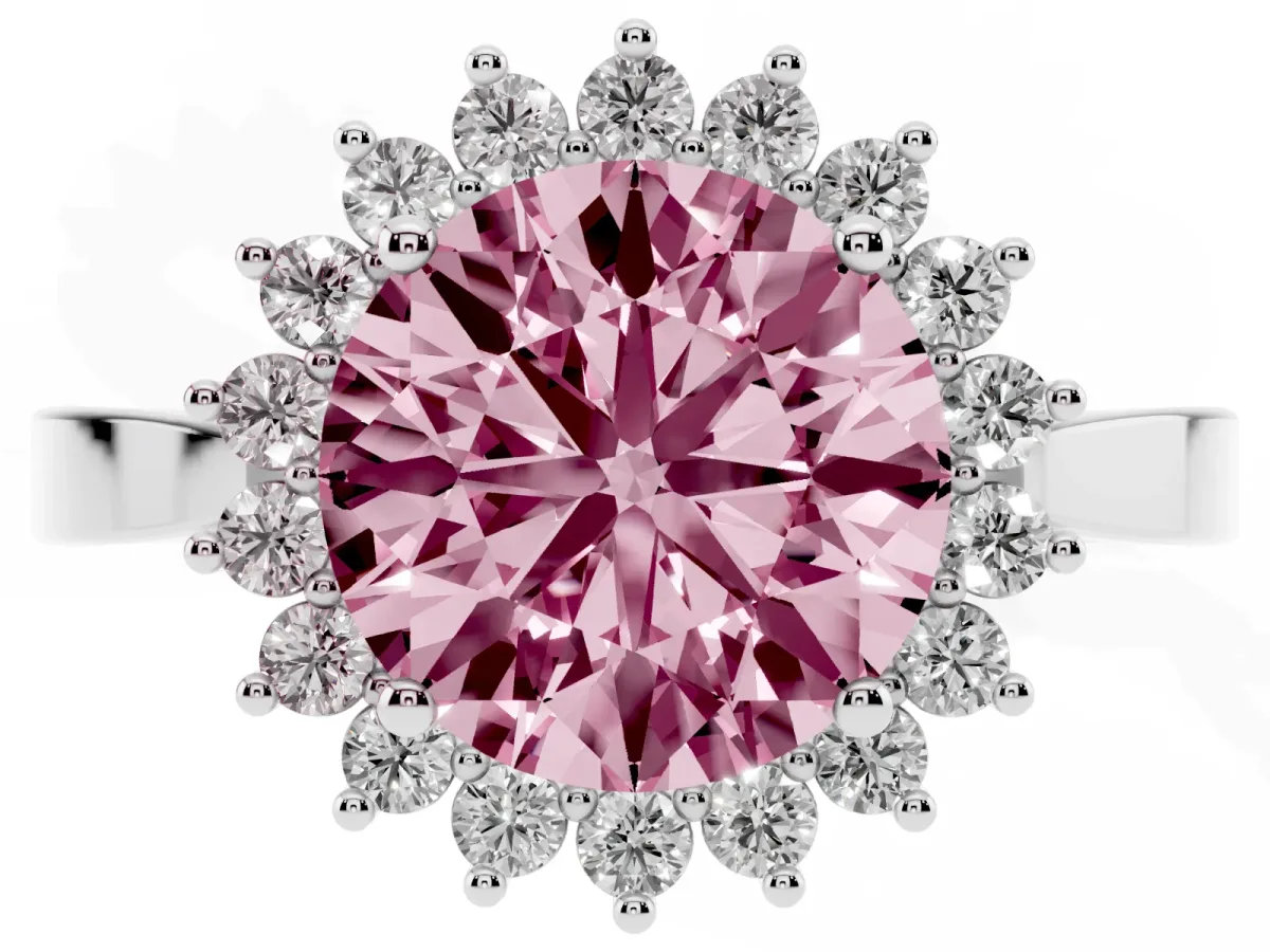 Fancy Pink Round Cut Cut Diamond Halo Ring with Round Brilliant Halo and Solitaire Band Platinum