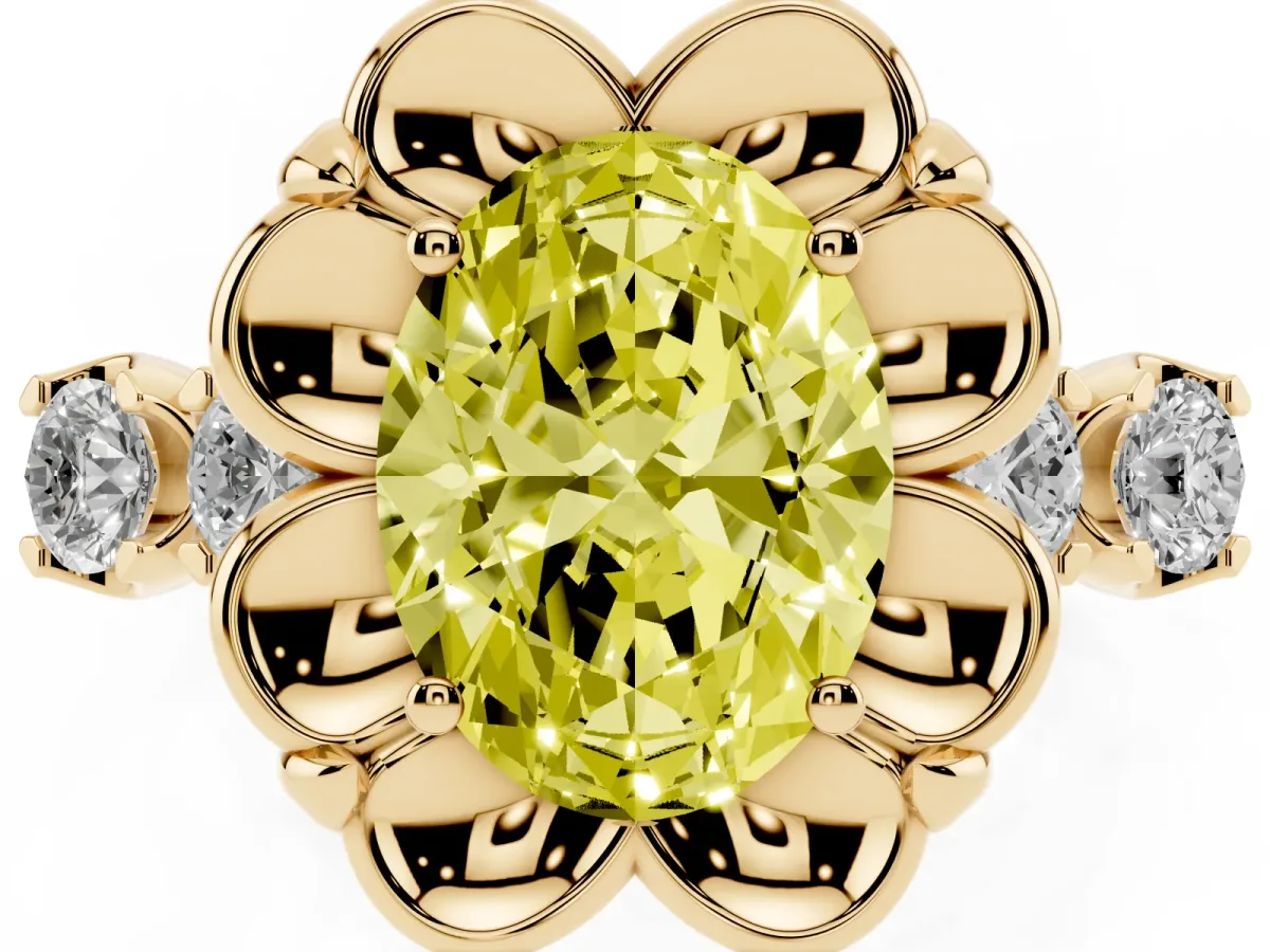 Fancy Yellow Oval Cut Cut Diamond Floral Halo Engagement Ring with Shared Prong Setting Yellow gold