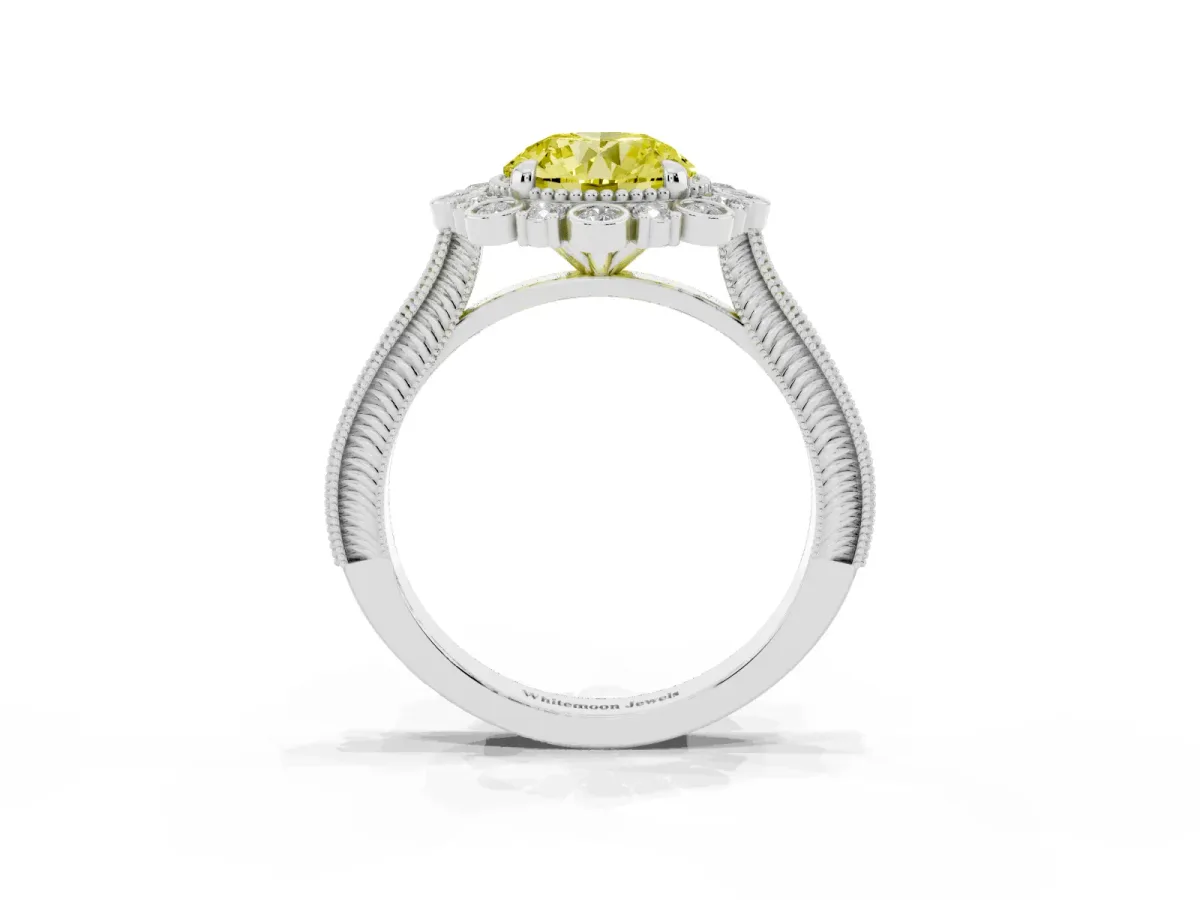 Fancy Yellow Round Cut Halo Milgrain Pave Diamond Ring with Four-Prong Setting Silver