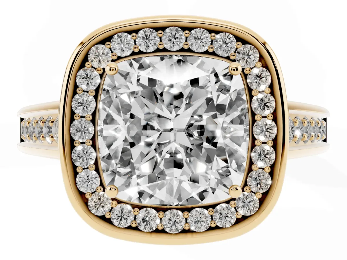 Cushion Cut Halo Solitaire Diamond Ring with Pave Band and Bezel Setting Yellow gold