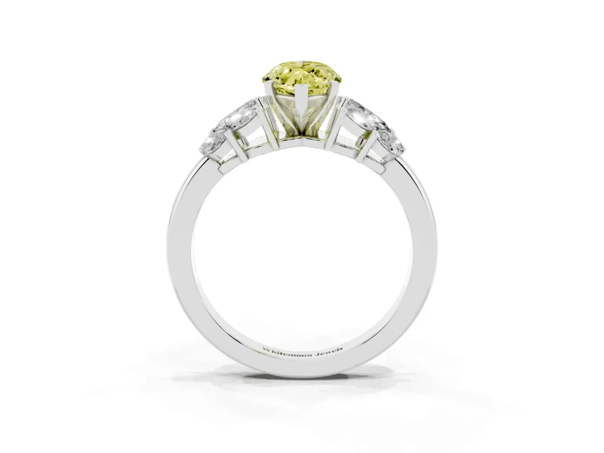 Fancy Yellow Marquise Cut Diamond Cluster Leaf Design Ring with Prong Setting White gold