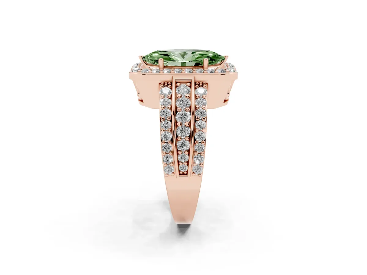 Fancy Green Marquise Cut Halo Diamond Ring with Round Split Shank and Prong Setting Rose gold
