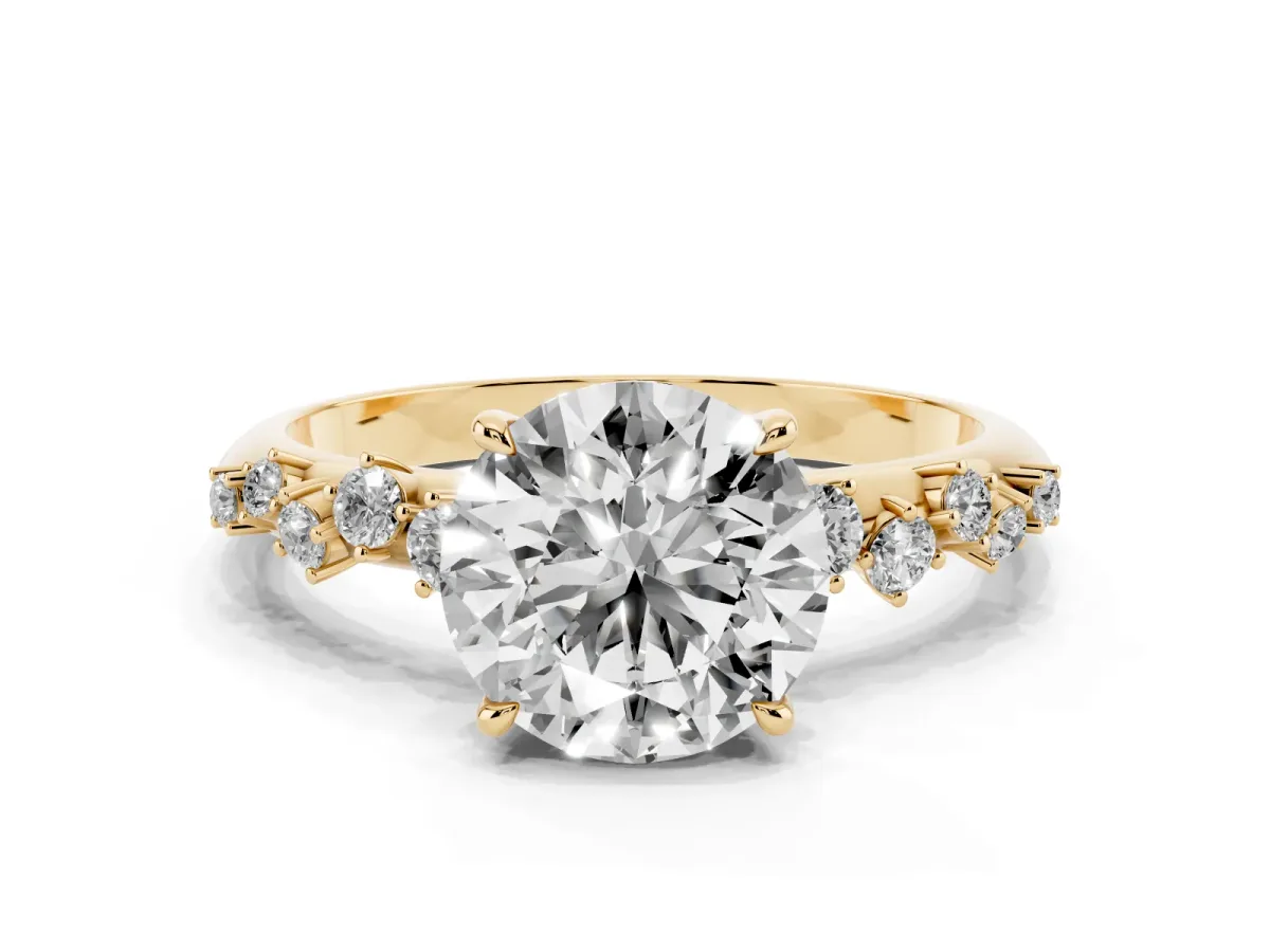 Round Cut Diamond Cluster Side Stone Solitaire Ring with Prong Setting Yellow gold