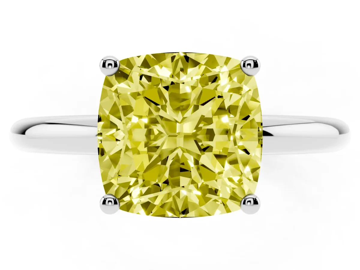 Fancy Yellow Cushion Cut Cut Solitaire Engagement Ring with Four-Prong Setting and Classic Band Silver