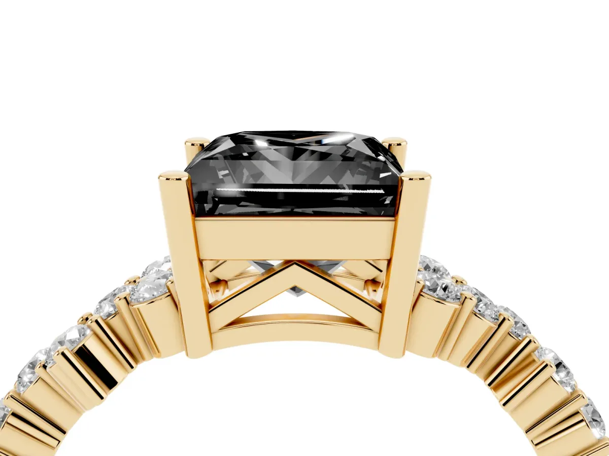 Fancy Black Princess Cut Diamond Scattered Round Accent Ring with Prong Setting Yellow gold