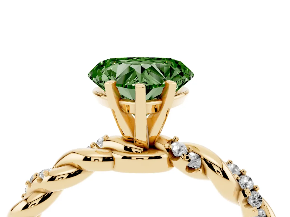 Fancy Green Heart Cut Diamond Solitaire Ring with Twisted Band and Pavé Accents Yellow gold