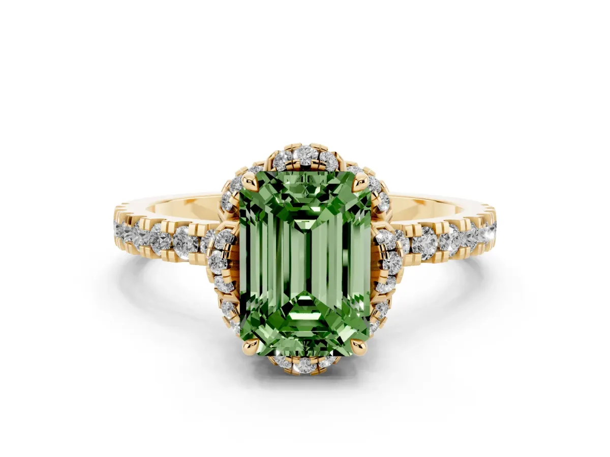 Fancy Green Emerald Cut Halo Diamond Pave Band Ring with Four-Prong Setting Yellow gold