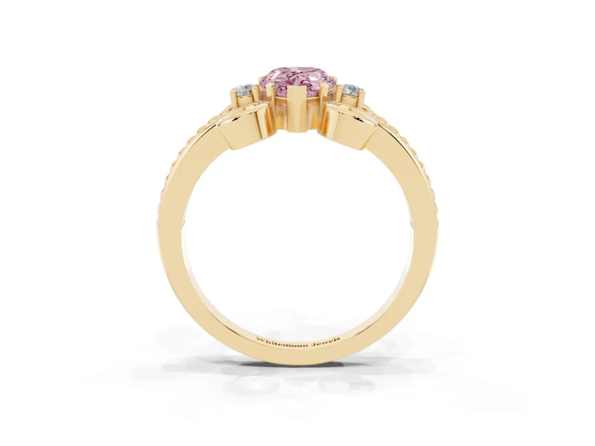 Fancy Pink Pear Cut Solitaire Twisted Band Scroll Prong Ring Yellow gold