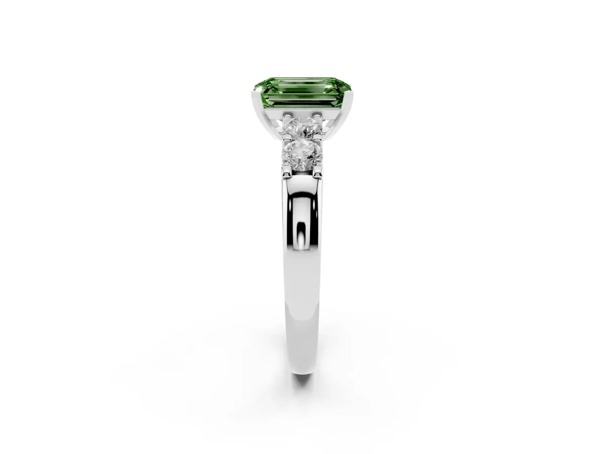 Fancy Green Emerald Cut Brilliant Cut Diamond Five-Stone Prong Set Engagement Ring with Channel Band Silver