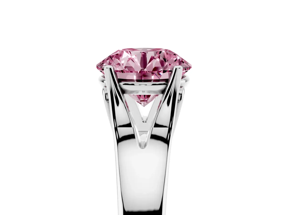 Fancy Pink Round Cut Solitaire Diamond Ring with Cathedral Band and Four-Prong Setting Silver