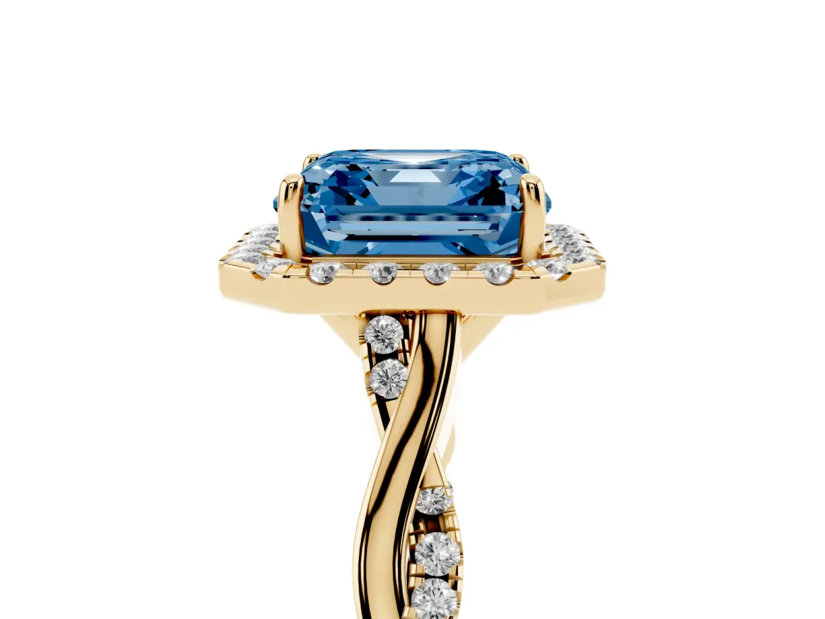 Fancy Blue Asscher Cut Halo Twist Band Solitaire Ring Yellow gold